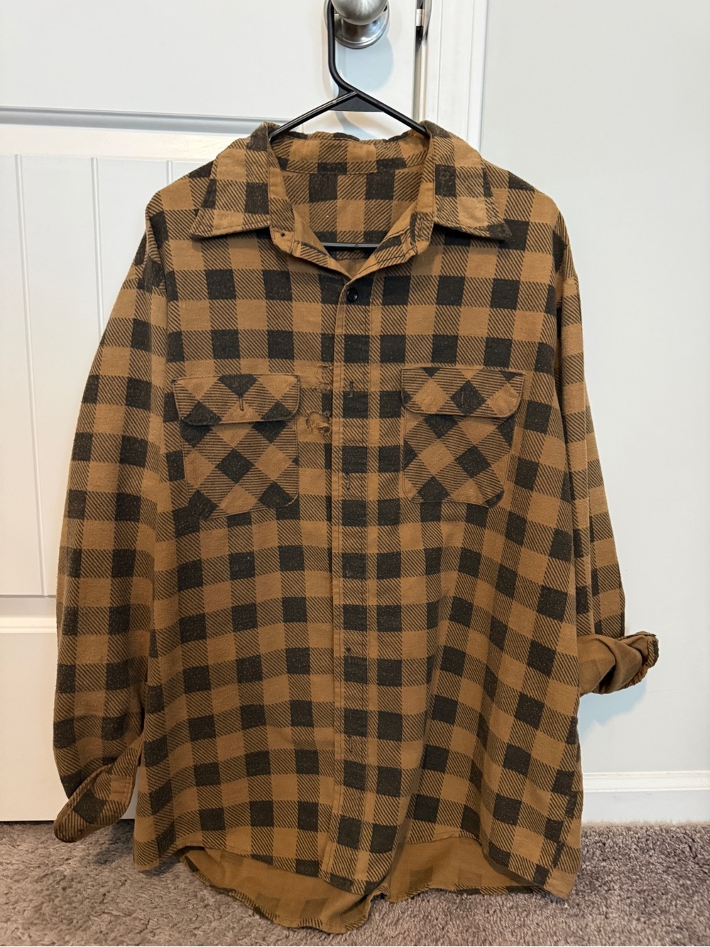 Vintage/ Distressed/ Thrashed Men’ Brown and Black Buffalo Plaid Button-Up Shirt